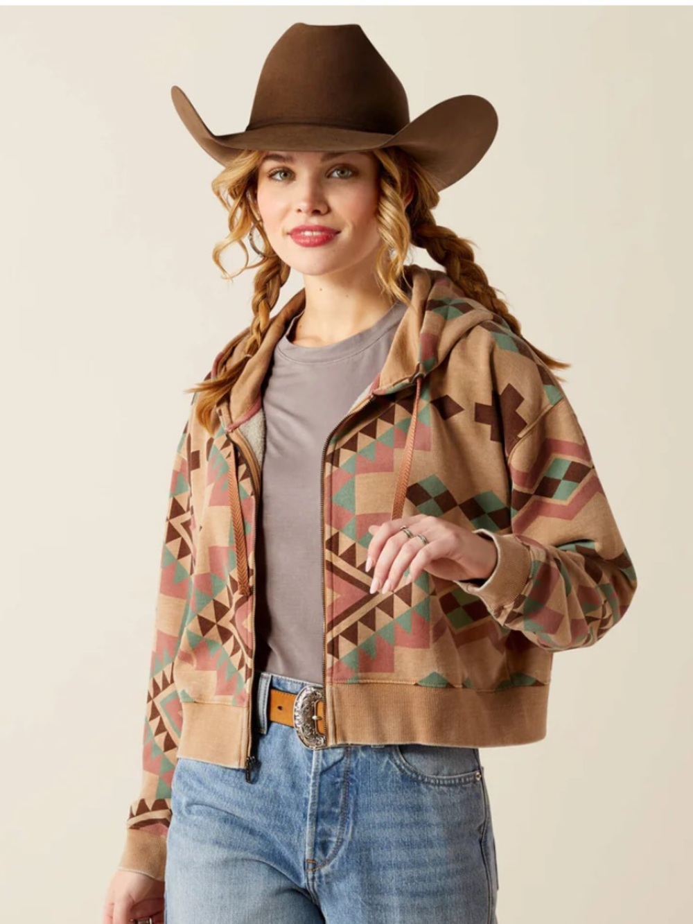 Ariat Sunset Spark Aztec Print Cropped Full Zip Hoodie Size Small
